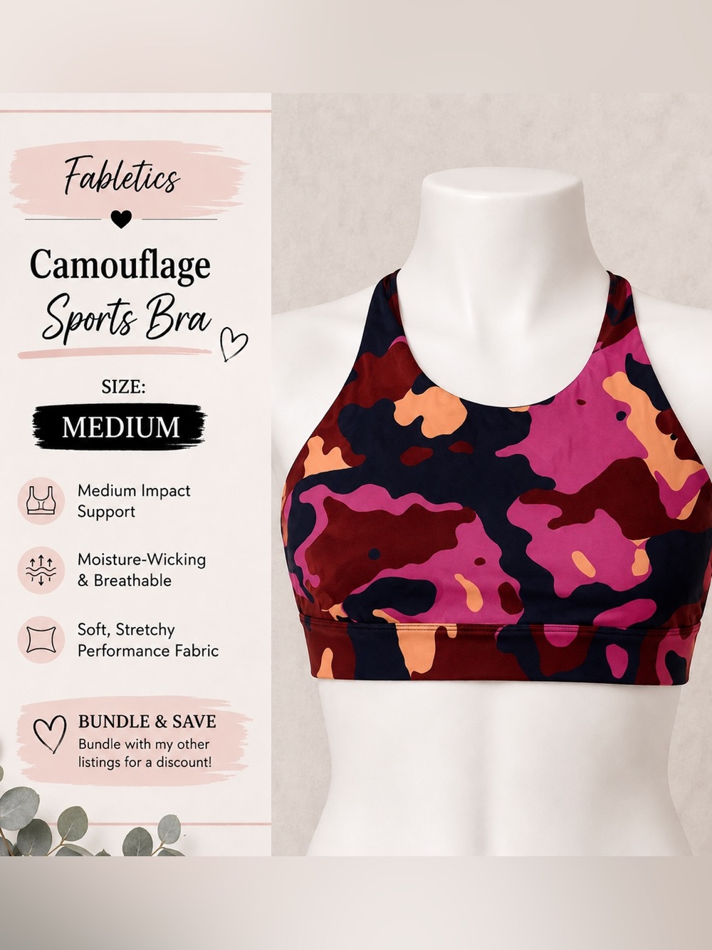 Fabletics medium Camouflage Sports Bra - Pink Multi